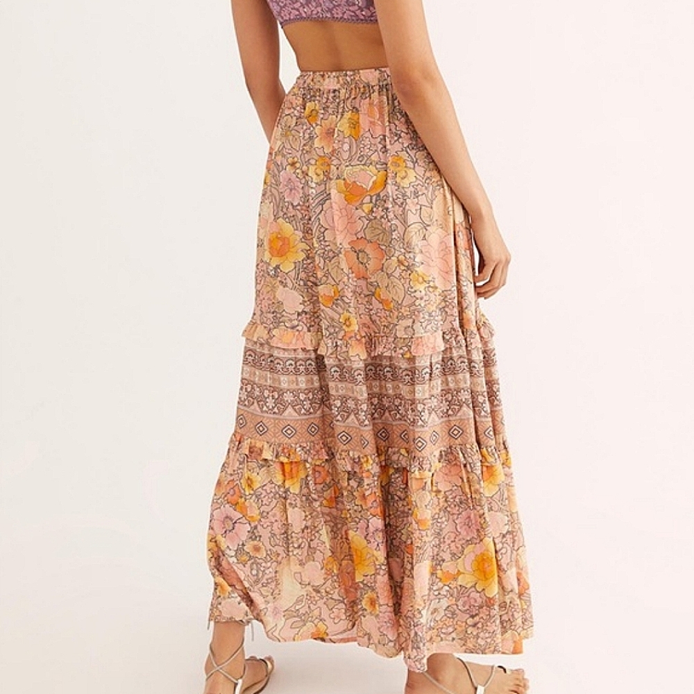 Spell Floral Tiered Maxi Skirt in Peach Pink and Yellow - Picture 2 of 4